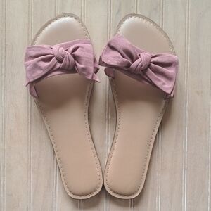 NEW Time & Tru Muted Soft Pink Suede Bow Feminine Girly Slides Sandals